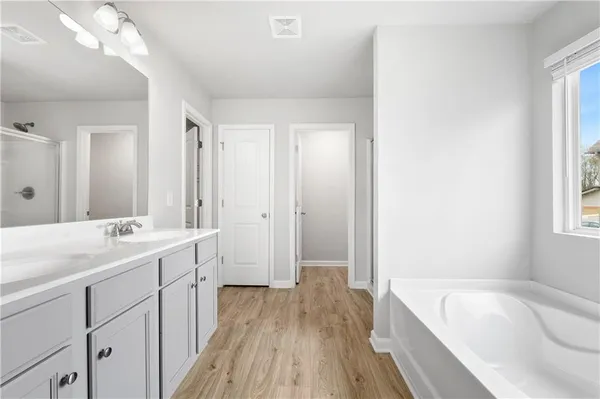 a bathroom with a tub sink and mirror
