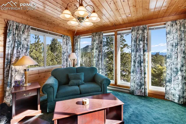 a living room with furniture and a yard