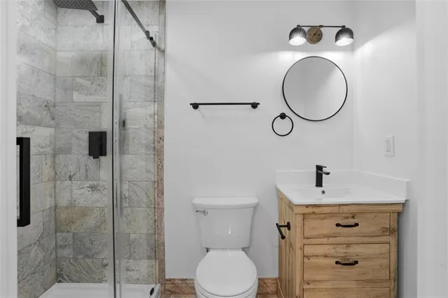 a bathroom with a toilet sink vanity and shower