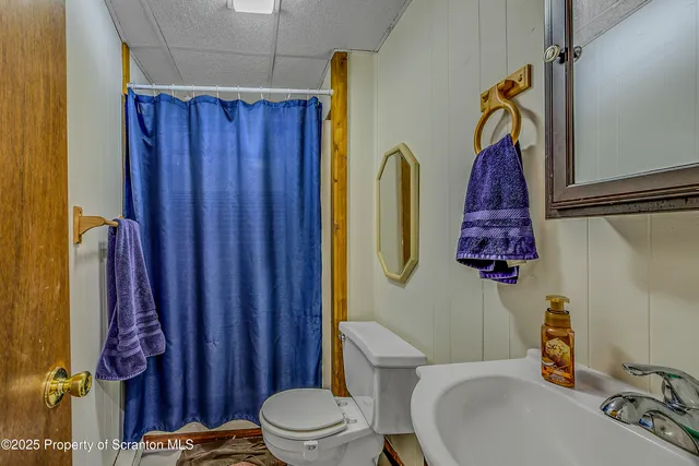 a bathroom with a toilet a sink and curtain
