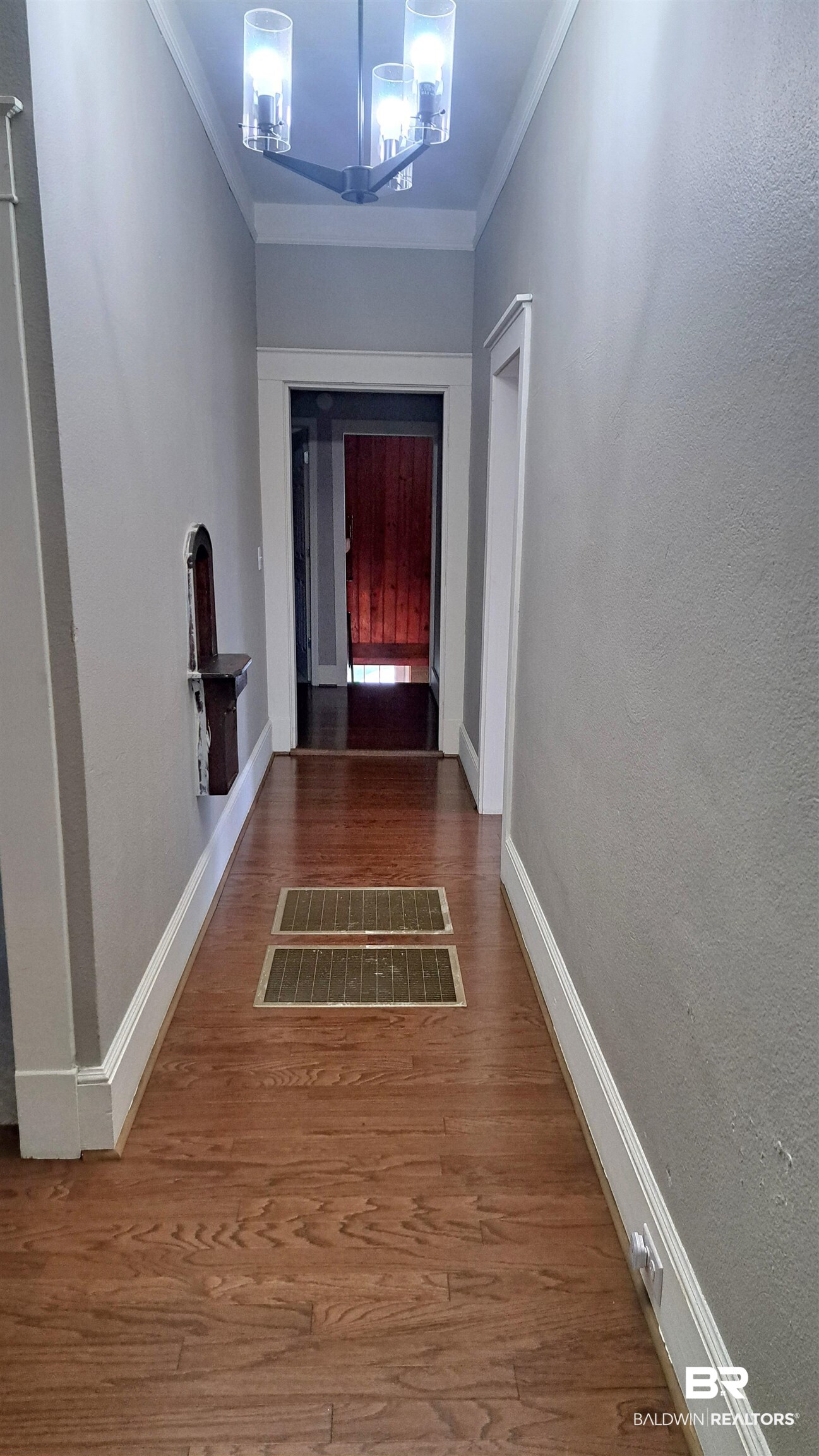 110 South Main Street Evergreen, AL 36401 - Photo 12 of 27 Hallway featuring wood-finish flooring, light gray wall paint, and white trim