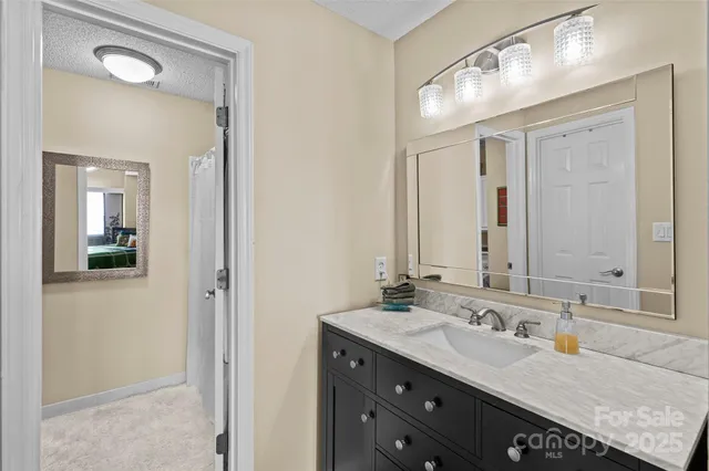 a bathroom with a granite countertop sink vanity and a mirror