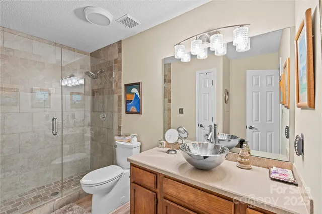 a bathroom with a granite countertop sink a toilet and shower