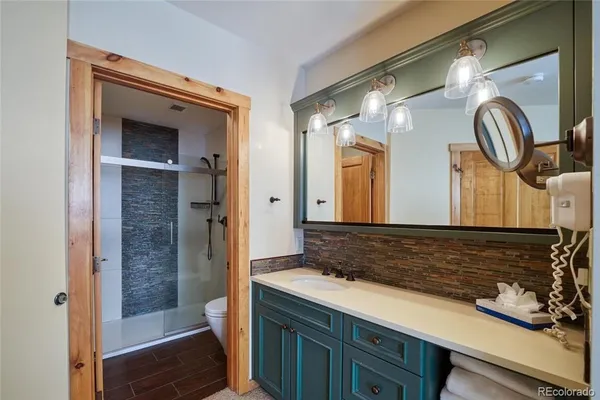 a bathroom with a shower and a toilet