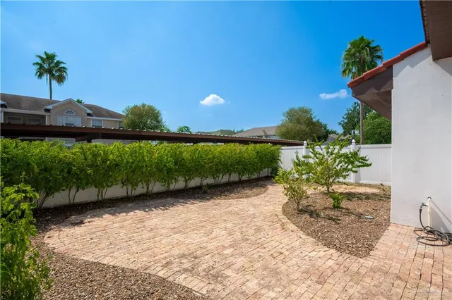 a view of a garden with a chair