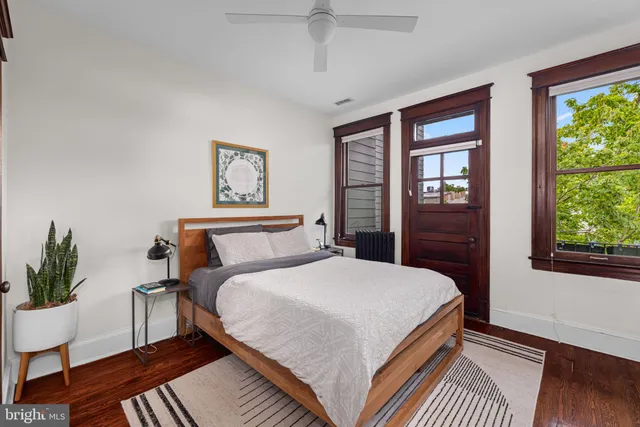 a bedroom with a large bed and a potted plant