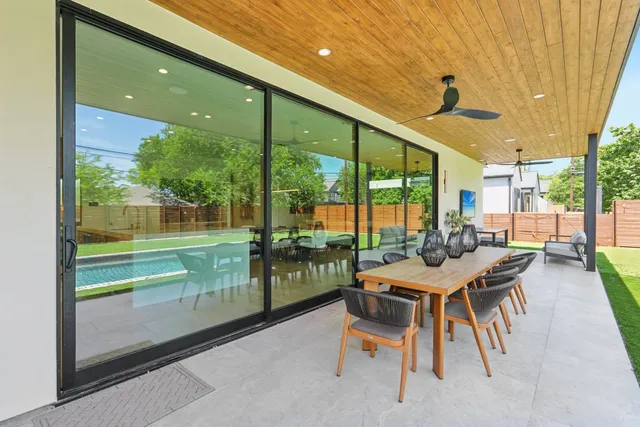 an aerial view of a house with a garden