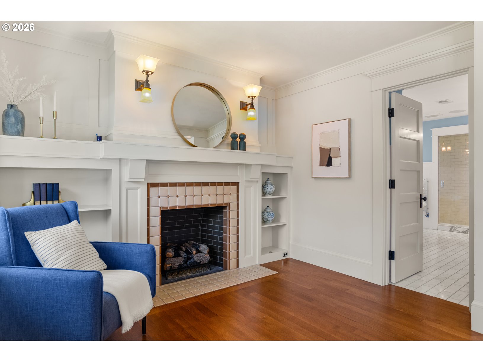 2023 Southwest Montgomery Drive Portland, OR 97201 - Photo 18 of 46 a living room with furniture and a fireplace