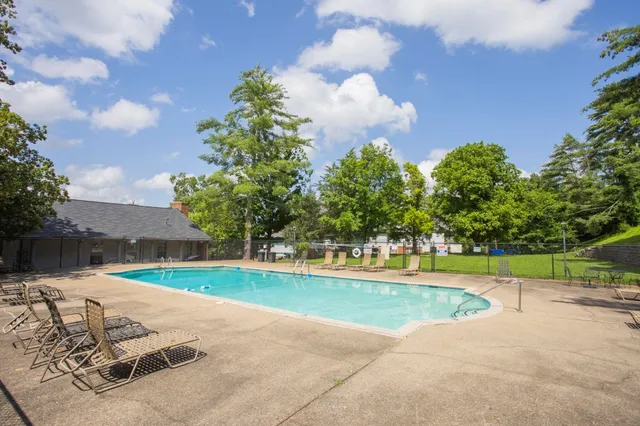 a view of a swimming pool and a yard