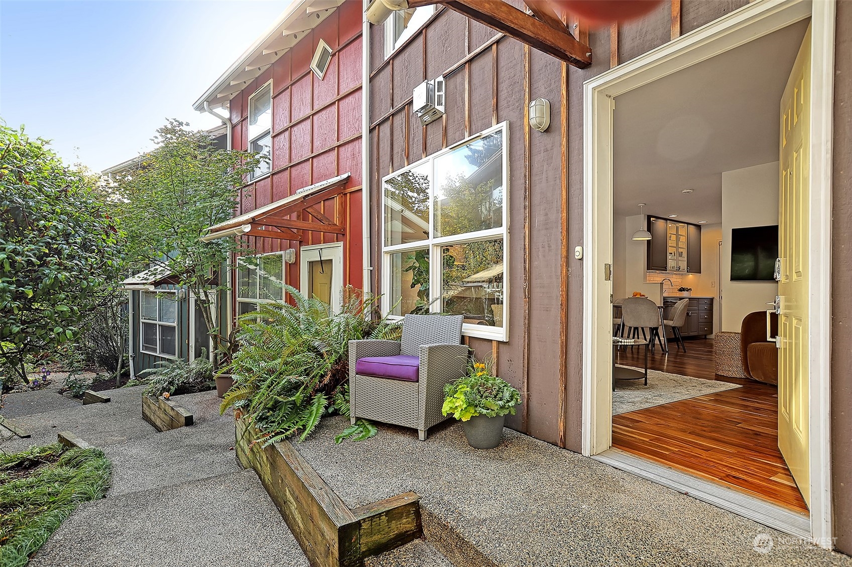 a view of a chairs in front of house