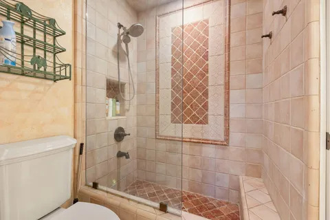 a bathroom with a shower and a toilet