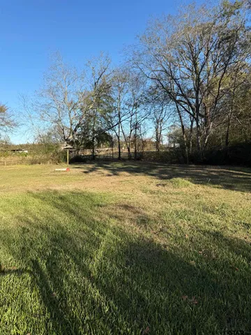 a view of a yard with a house in the background