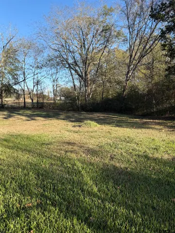 a view of a swimming pool and trees in the background