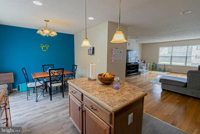 a view of a dining room and livingroom with furniture wooden floor a rug a chandelier