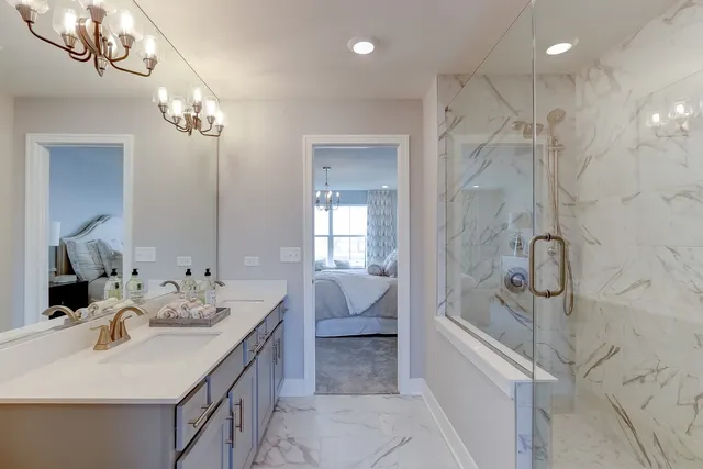 a bathroom with a double vanity sink a toilet a shower and a mirror