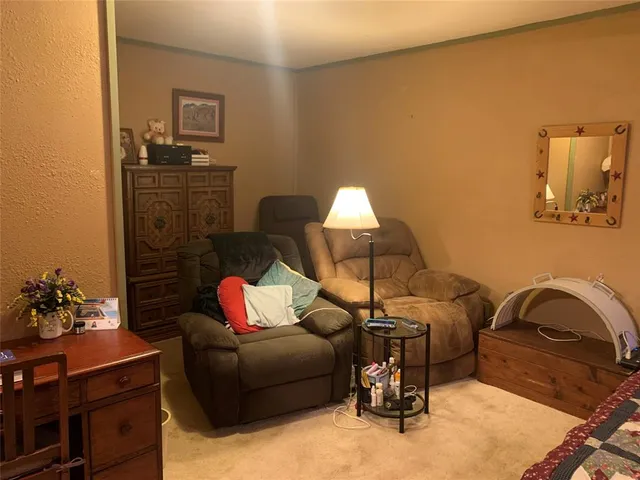 a living room with furniture and a lamp