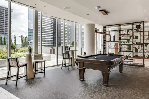 a view of a dining room with furniture