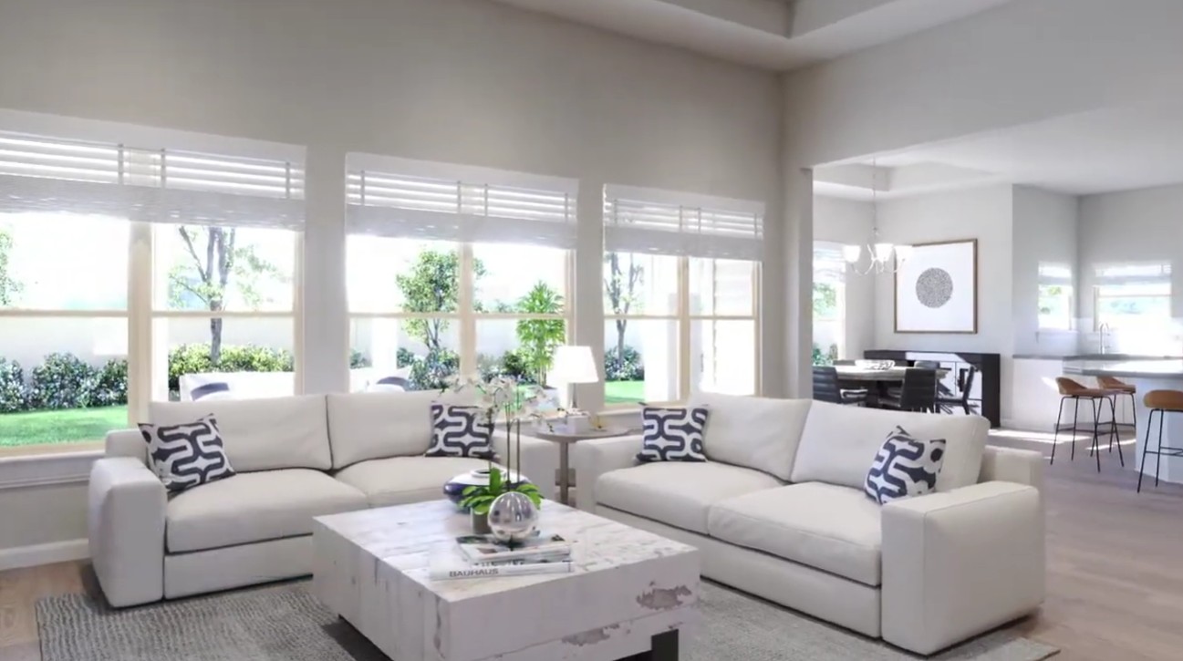 3625 Garrano Bend Leander, TX 78641 - Photo 4 of 38 An ai enhanced luminous living room, framed by expansive windows, seamlessly transitions to an open-concept dining space and kitchen.