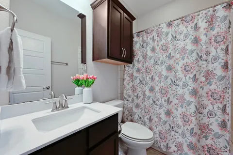 a bathroom with a sink toilet and mirror