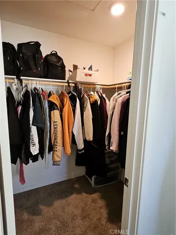a view of walk in closet with clothes and shoes