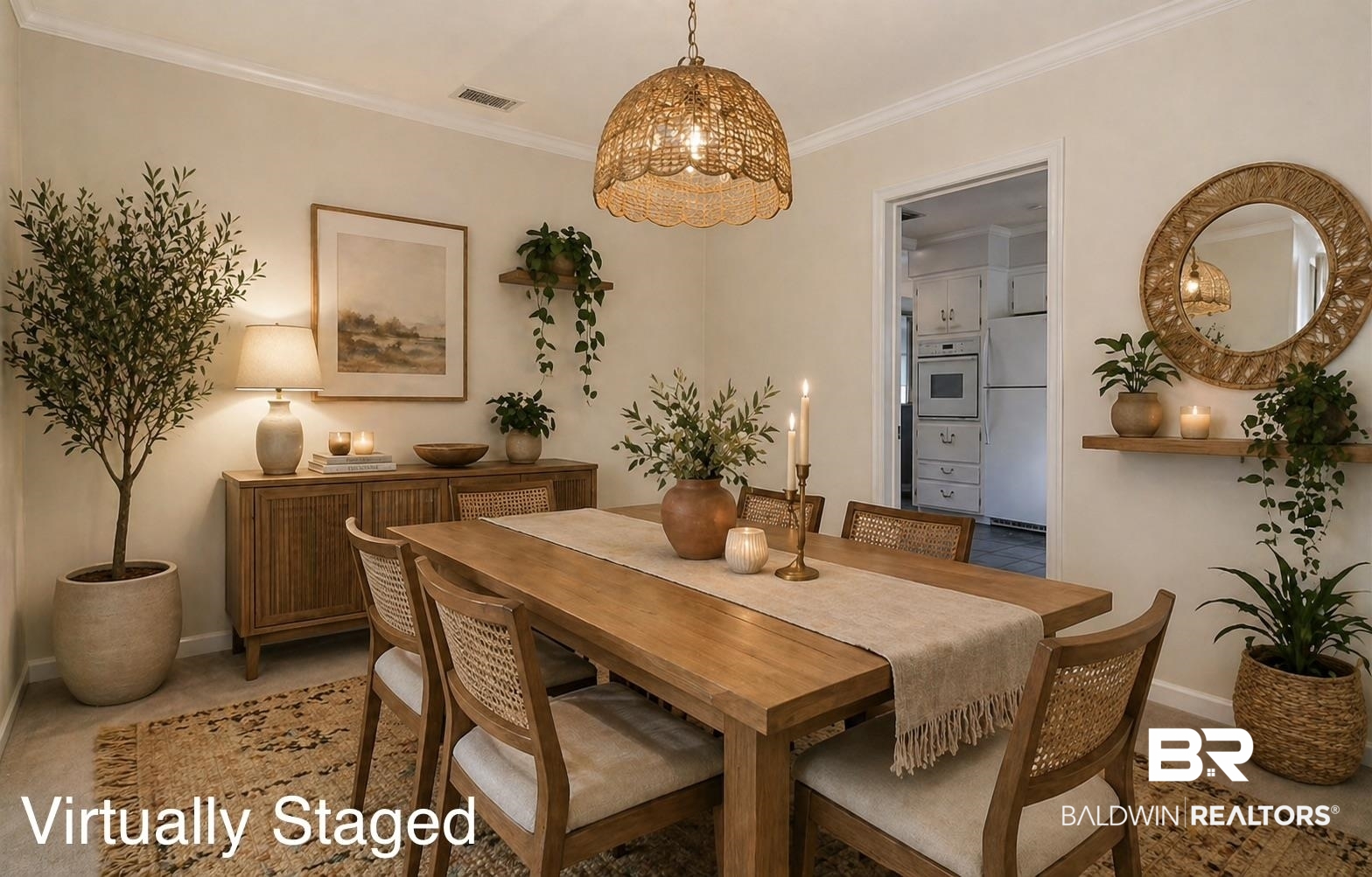1182 Ginger Drive Mobile, AL 36693 - Photo 6 of 37 Dining area featuring a natural wood table, a woven pendant light fixture, and crown molding
