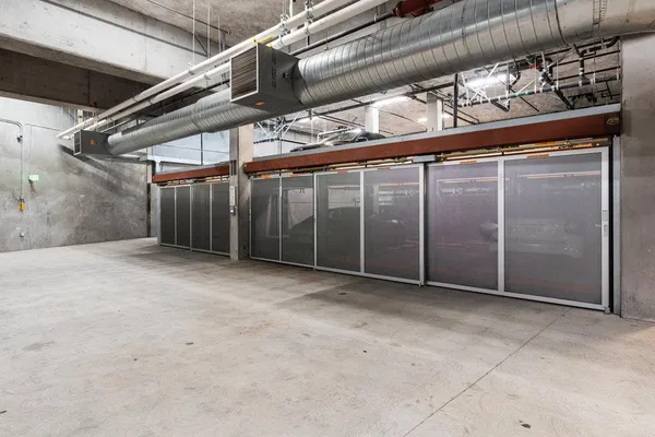 a view of a garage with storage