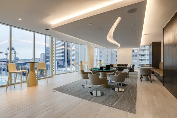 a view of a dining room with furniture