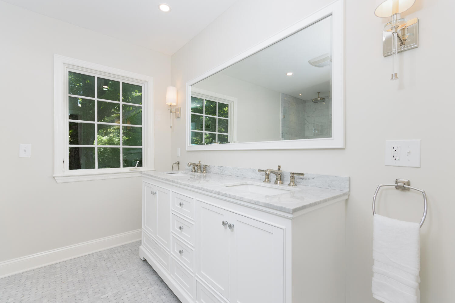 9 Old Parish Road Darien, CT 06820 - Photo 33 of 49 a bathroom with a granite countertop sink mirror and a window