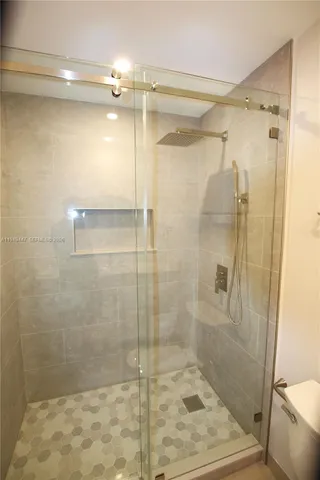 a bathroom with a shower and a toilet