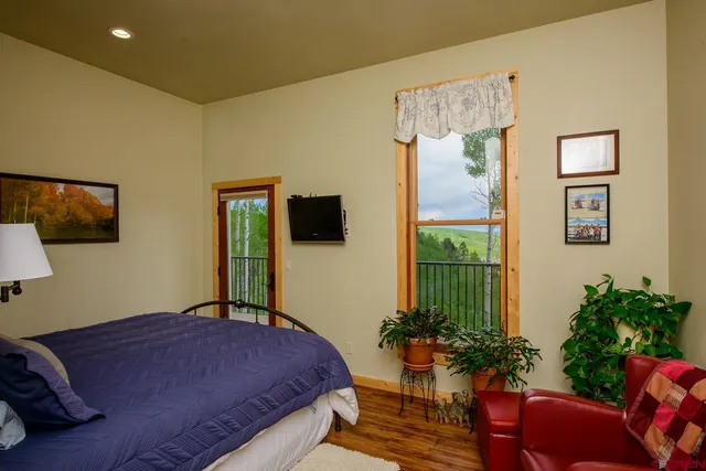 a bedroom with a bed and a television