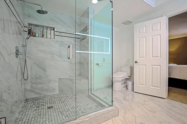 a bathroom with a shower and toilet