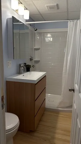 a bathroom with a sink a toilet and shower