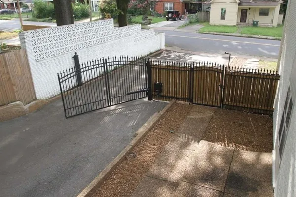 a view of a balcony with a bench