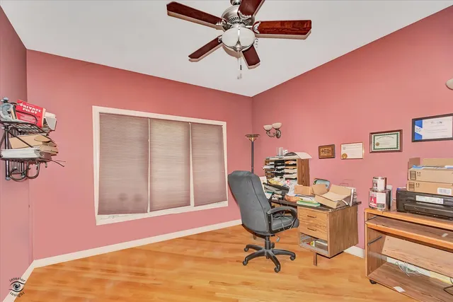 a workspace with chandelier