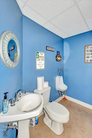 a bathroom with a toilet a sink and mirror