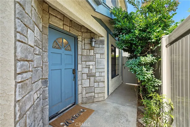 a couple of potted plants in front of door