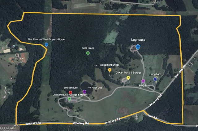 an aerial view of a pool