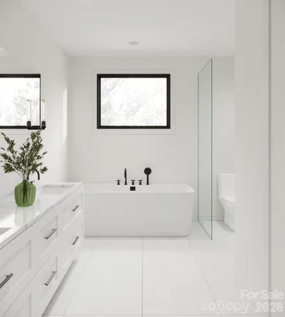 a bathroom with a bathtub sink and mirror