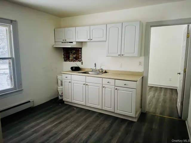 a kitchen with a sink a stove and cabinets