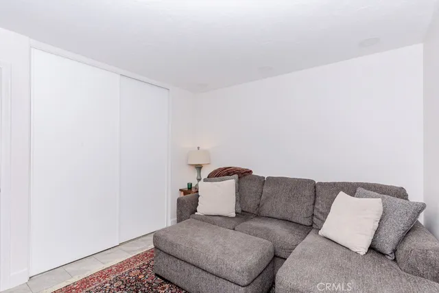 a living room with a couch and a potted plant