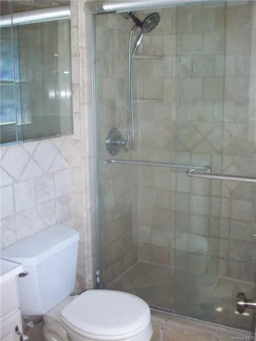 a bathroom with a toilet and shower