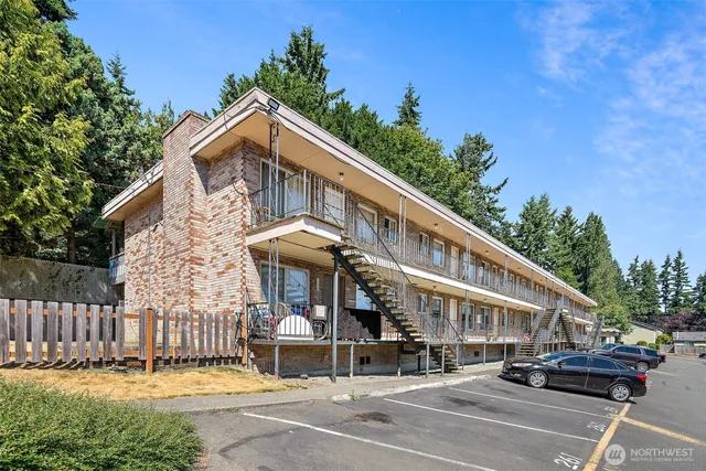 a front view of a building with street view