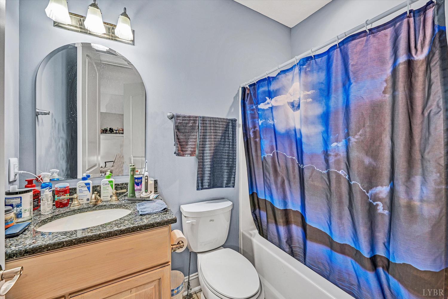803 Compass Cove Circle Moneta, VA 24121 - Photo 55 of 92 a bathroom with a granite countertop sink mirror vanity and toilet