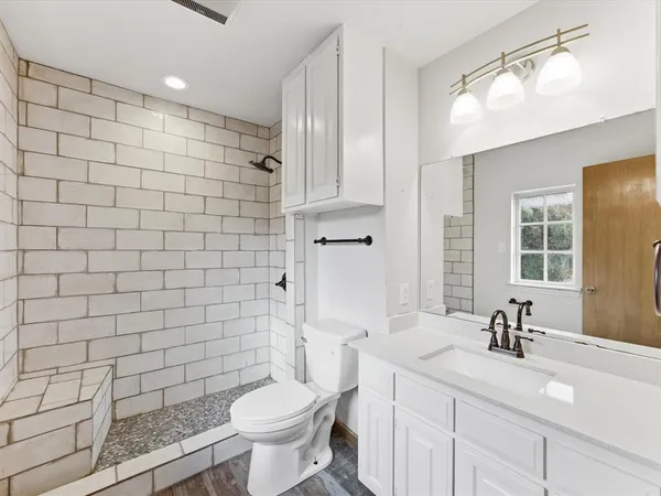 a bathroom with a sink a toilet and shower