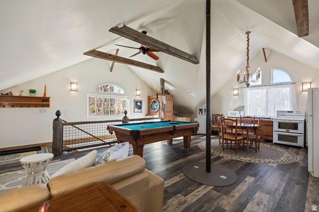 390 North 100 West Monroe, UT 84754 - Photo 128 of 167 Game room featuring beam ceiling, high vaulted ceiling, dark wood finished floors, billiards, and a chandelier