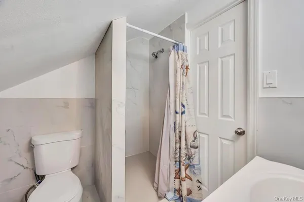 a bathroom with a shower and toilet