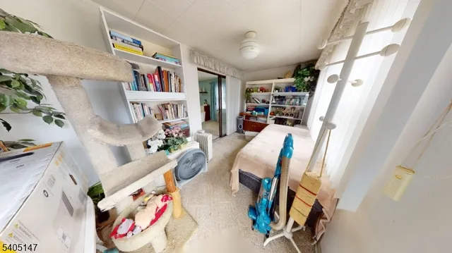 a living room with furniture and a book shelf