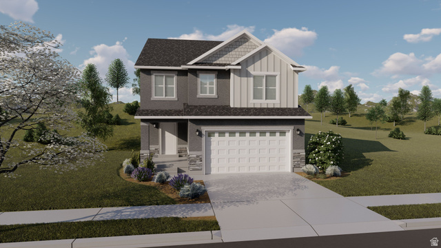 4564 South Redbud Road, Unit 612 Mapleton, UT 84664 - Photo 1 of 4 Craftsman-style home featuring board and batten siding, a front yard, a garage, driveway, and stone siding