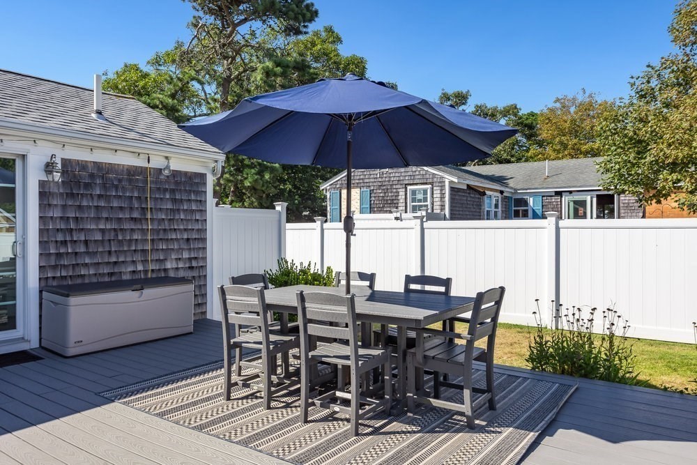 40 Shore Road Dennis, MA 02670 - Photo 24 of 34 a view of a patio with table and chairs under an umbrella