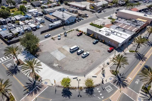 an aerial view of a city with patio